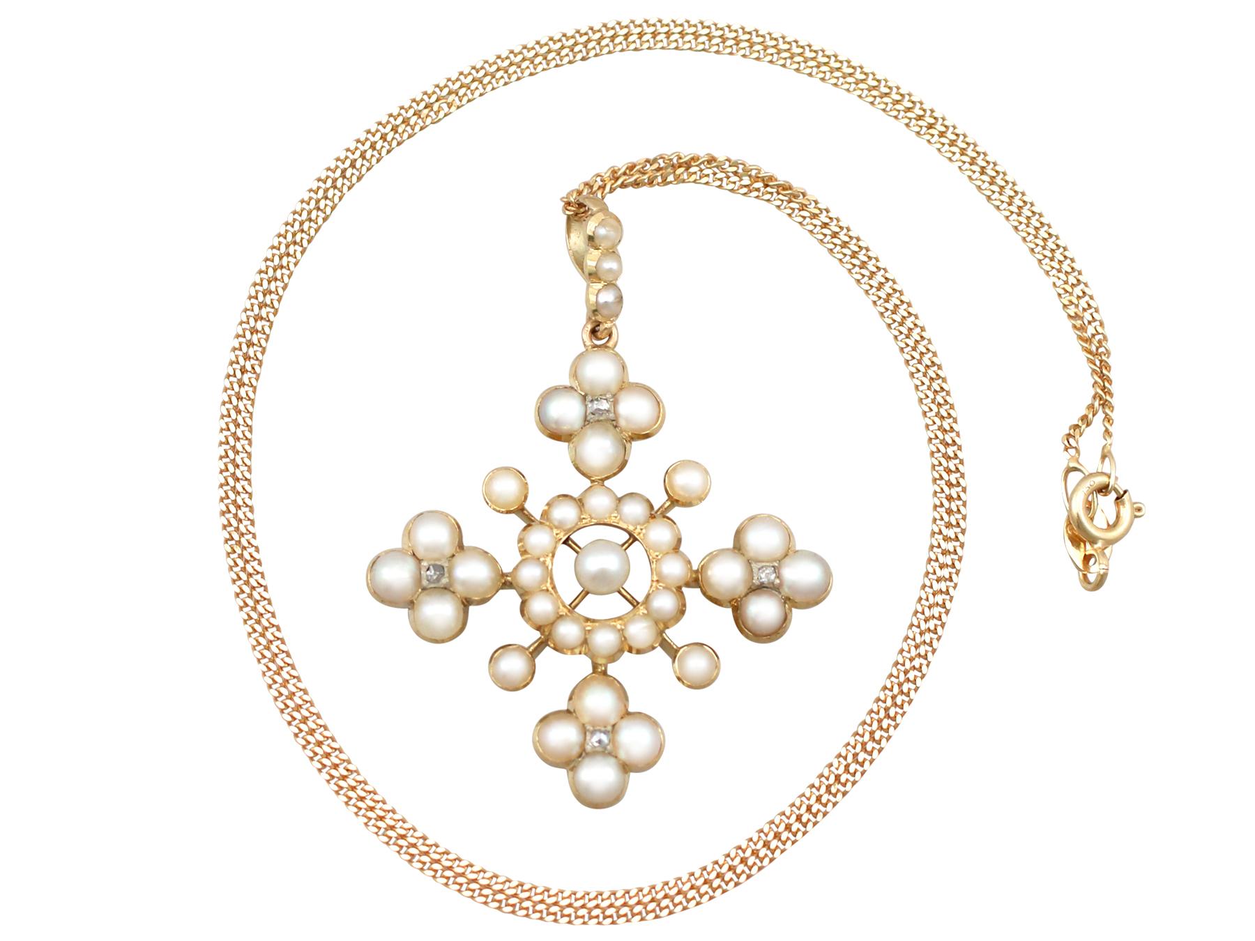 A stunning Victorian seed pearl and 0.06 carat diamond, 15 karat yellow gold 'cross' pendant; part of our diverse antique jewellery and estate jewelry collections.

This fine and impressive Victorian pearl cross pendant has been crafted in 15k