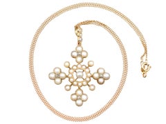 Antique Victorian Seed Pearl and Diamond Yellow Gold Cross Pendant