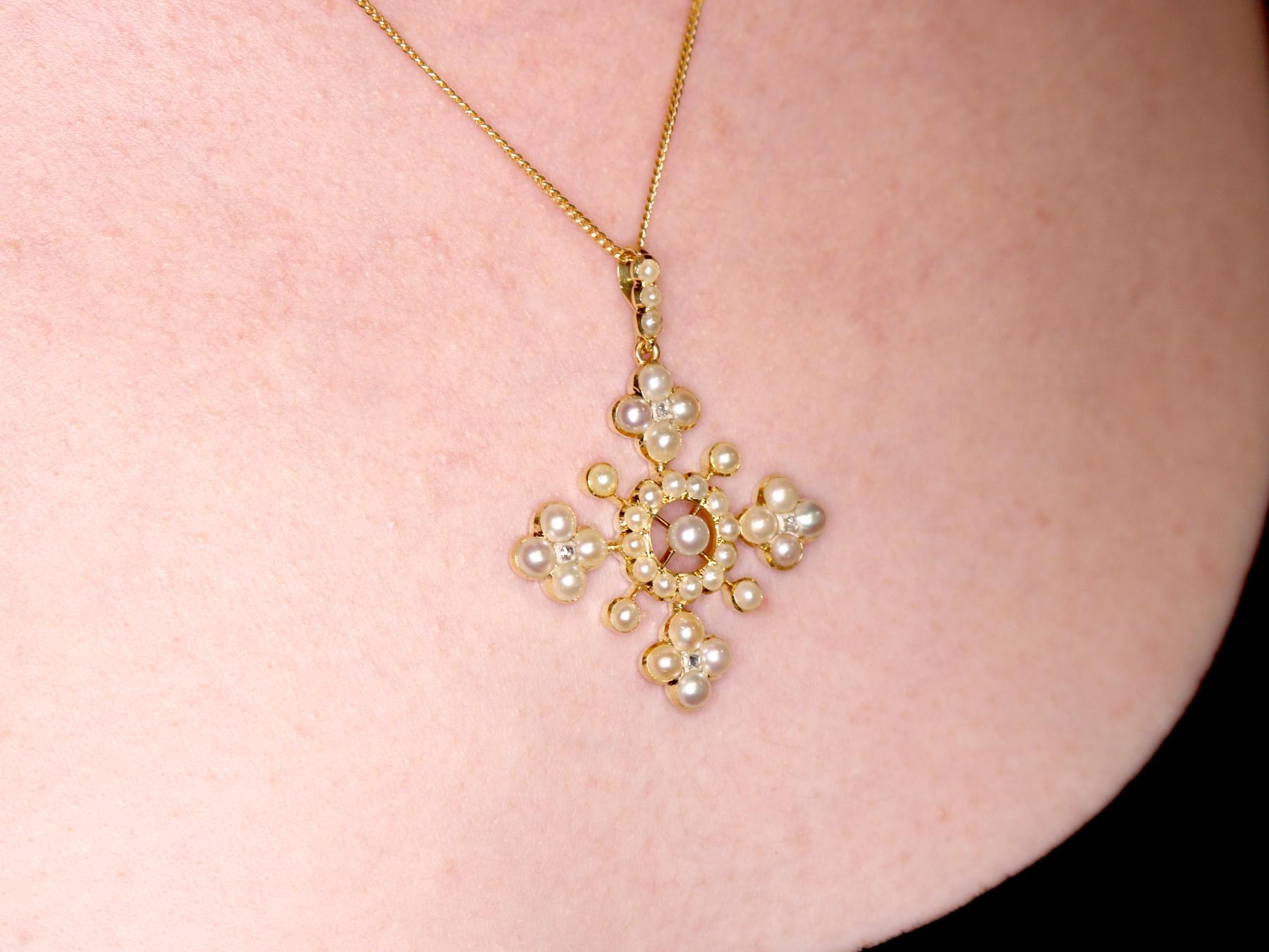 Antique Victorian Seed Pearl and Diamond Yellow Gold Cross Pendant 3