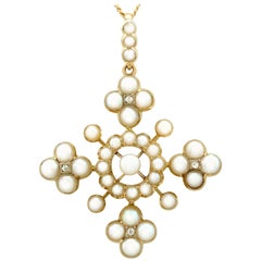 Antique Victorian Seed Pearl and Diamond Yellow Gold Cross Pendant