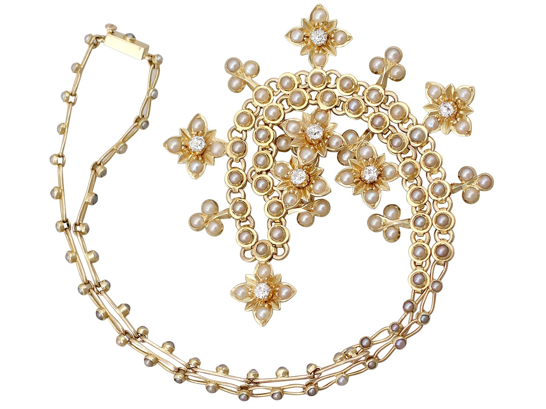 An exceptional antique Victorian 1880s seed pearl and 0.49 carat diamond, 15 karat yellow gold necklace; part of our diverse antique jewelry and estate jewelry collections.

This exceptional, fine and impressive Victorian necklace has been crafted