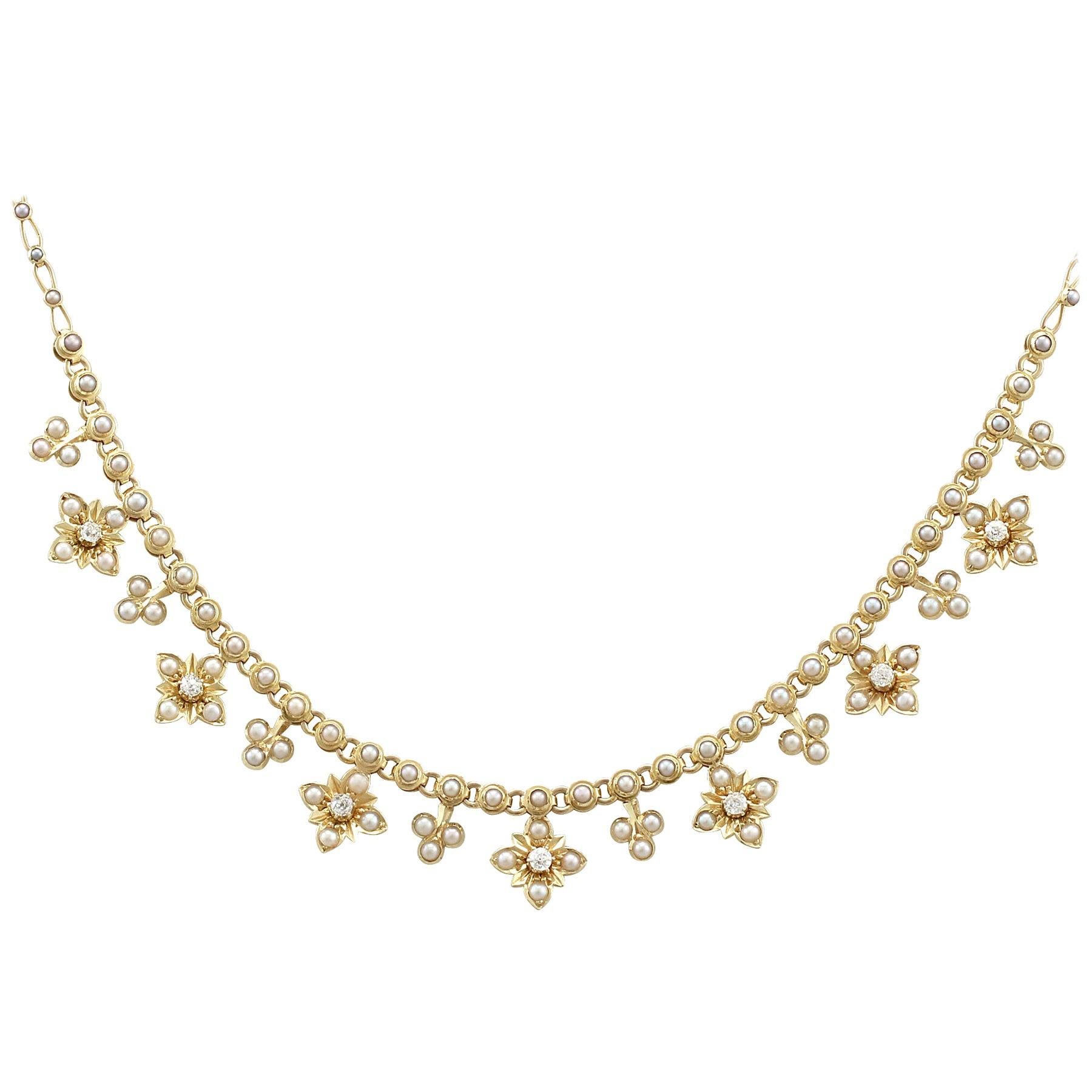 Antique Victorian Seed Pearl and Diamond Yellow Gold Necklace
