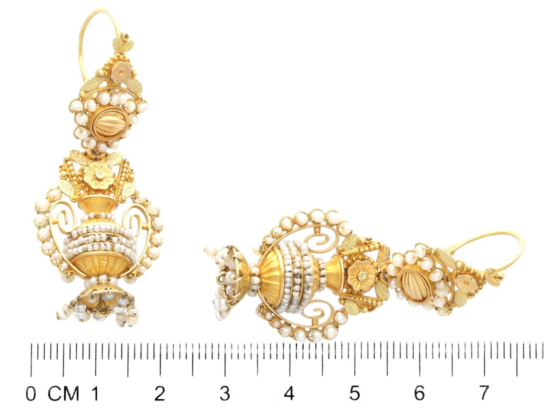 Antique Victorian Seed Pearl and Yellow and Rose Gold Tassel Urn Earrings 2