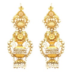 Antique Victorian Seed Pearl and Yellow and Rose Gold Tassel Urn Earrings