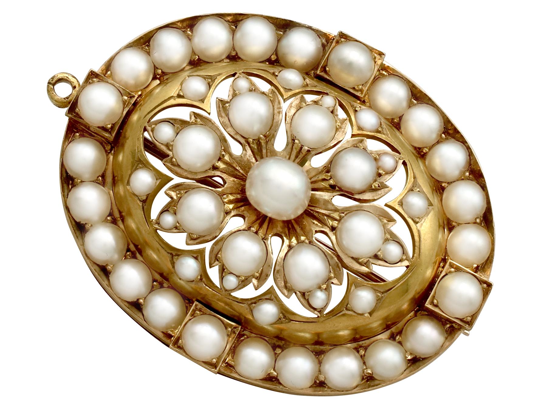 A stunning antique Victorian seed pearl and 18 karat yellow gold pendant / brooch with 9k gold chain; part of our Victorian jewelry collections.

This stunning, fine and impressive Victorian pendant has been crafted in 18k yellow gold with a