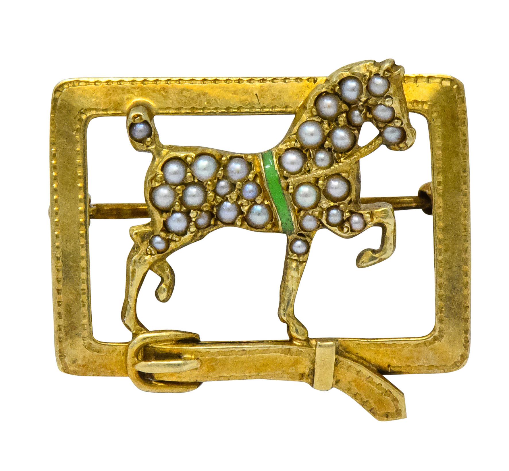 Sloan & Co. Antique Victorian Seed Pearl Enamel 14 Karat Gold Horse Pins 1