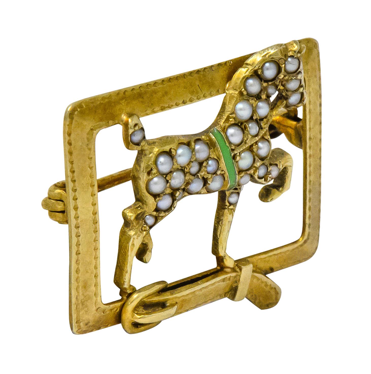 Sloan & Co. Antique Victorian Seed Pearl Enamel 14 Karat Gold Horse Pins 2