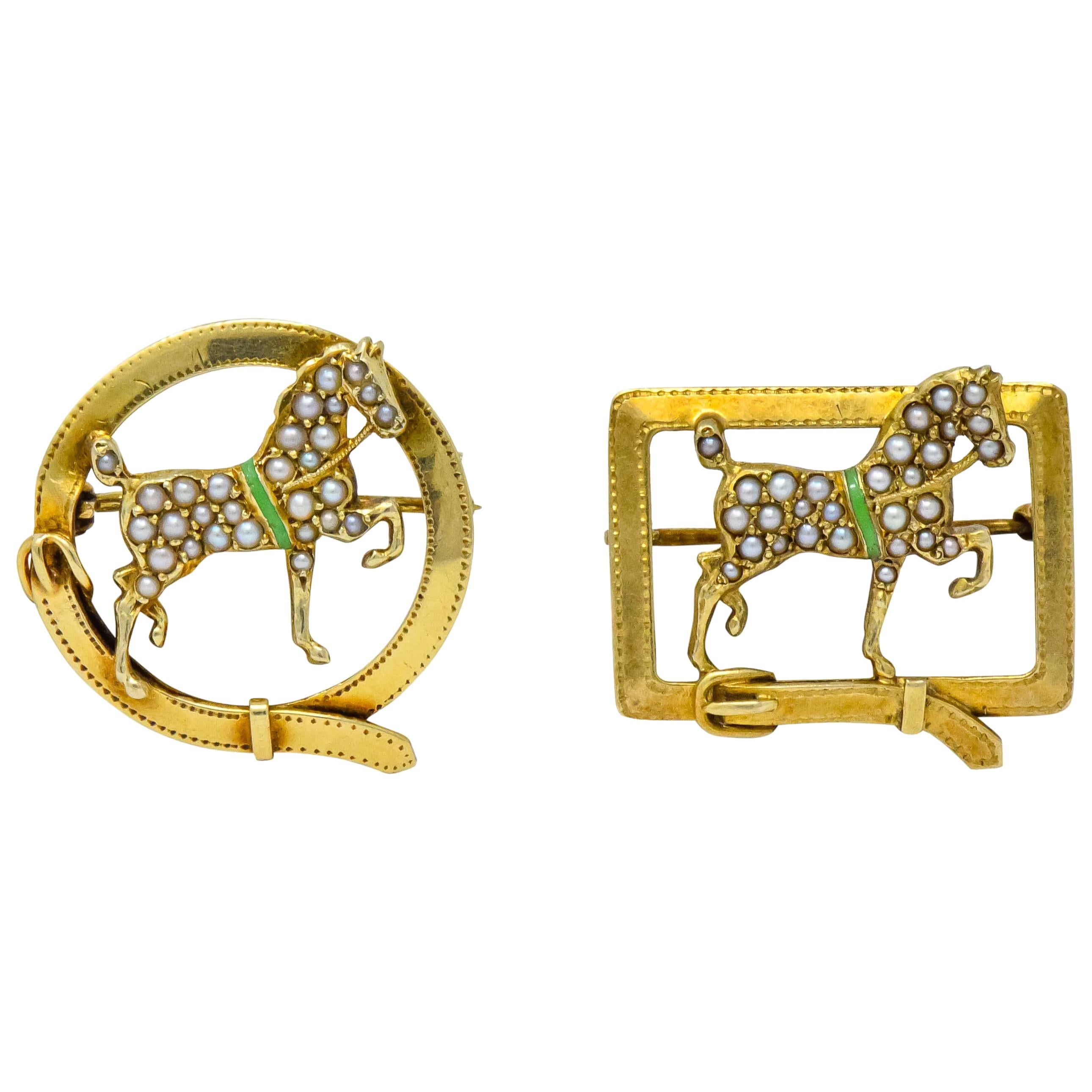 Sloan & Co. Antique Victorian Seed Pearl Enamel 14 Karat Gold Horse Pins