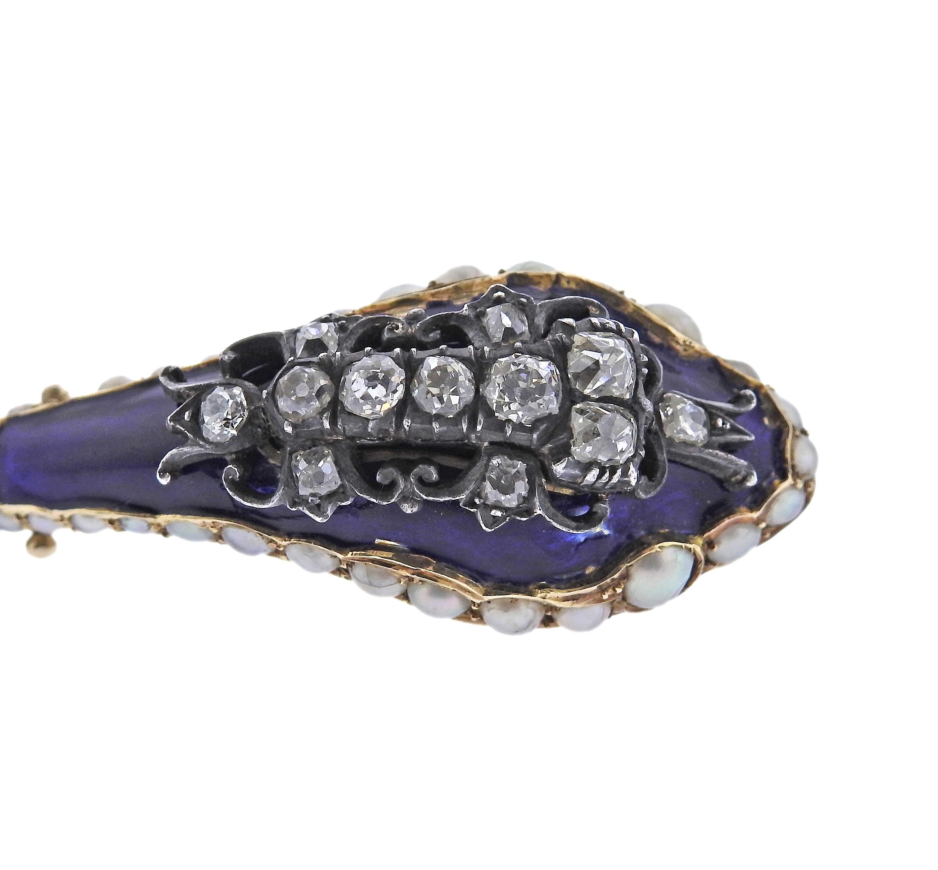Old Mine Cut Antique Victorian Seed Pearl Enamel Diamond Silver Gold Snake Bracelet For Sale