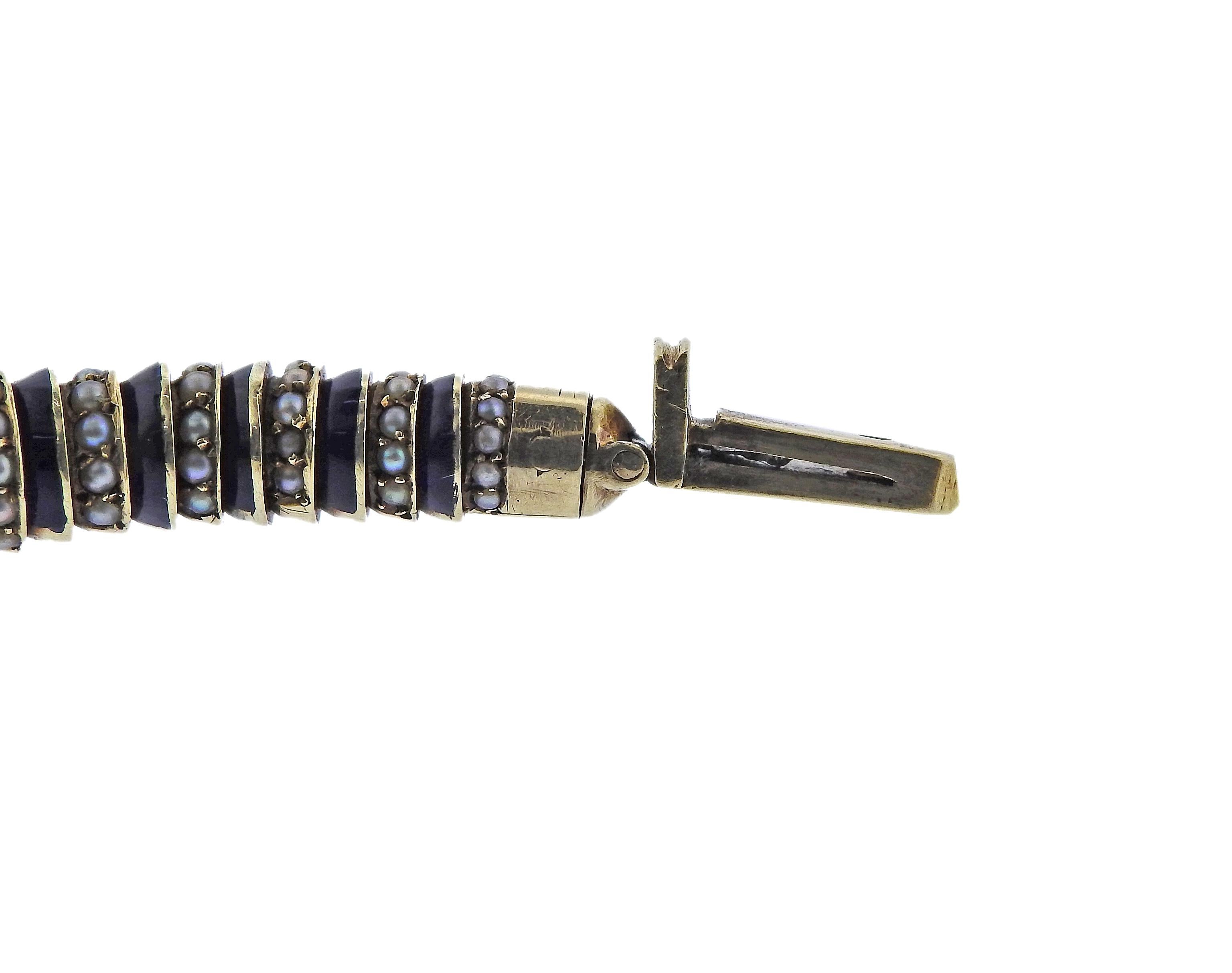 Antikes viktorianisches Schlangenarmband aus Silber und Gold mit Saatperlen, Emaille und Diamanten (Viktorianisch) im Angebot