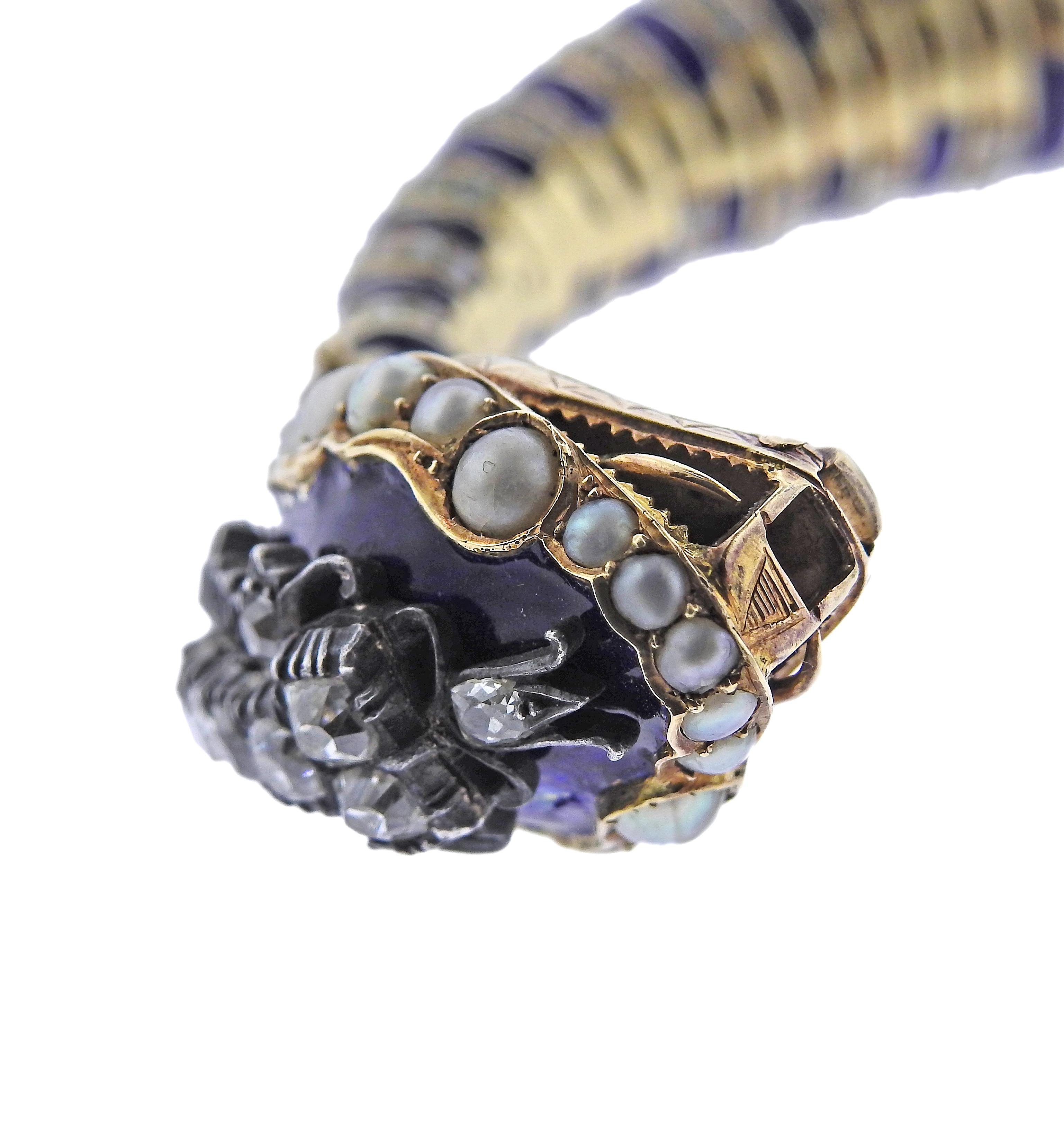 Women's Antique Victorian Seed Pearl Enamel Diamond Silver Gold Snake Bracelet For Sale