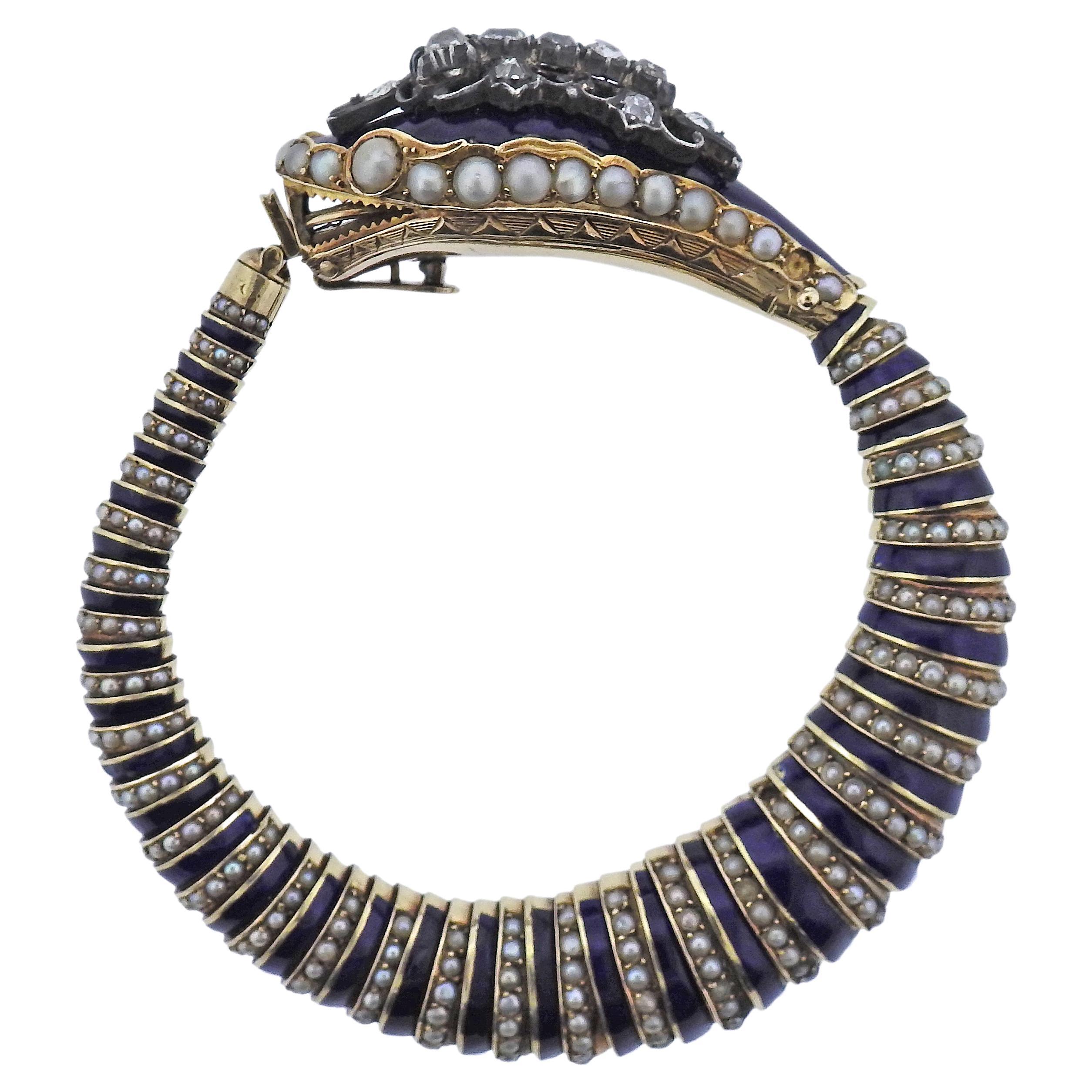 Antique Victorian Seed Pearl Enamel Diamond Silver Gold Snake Bracelet For Sale