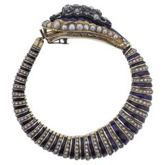 Antique Victorian Seed Pearl Enamel Diamond Silver Gold Snake Bracelet