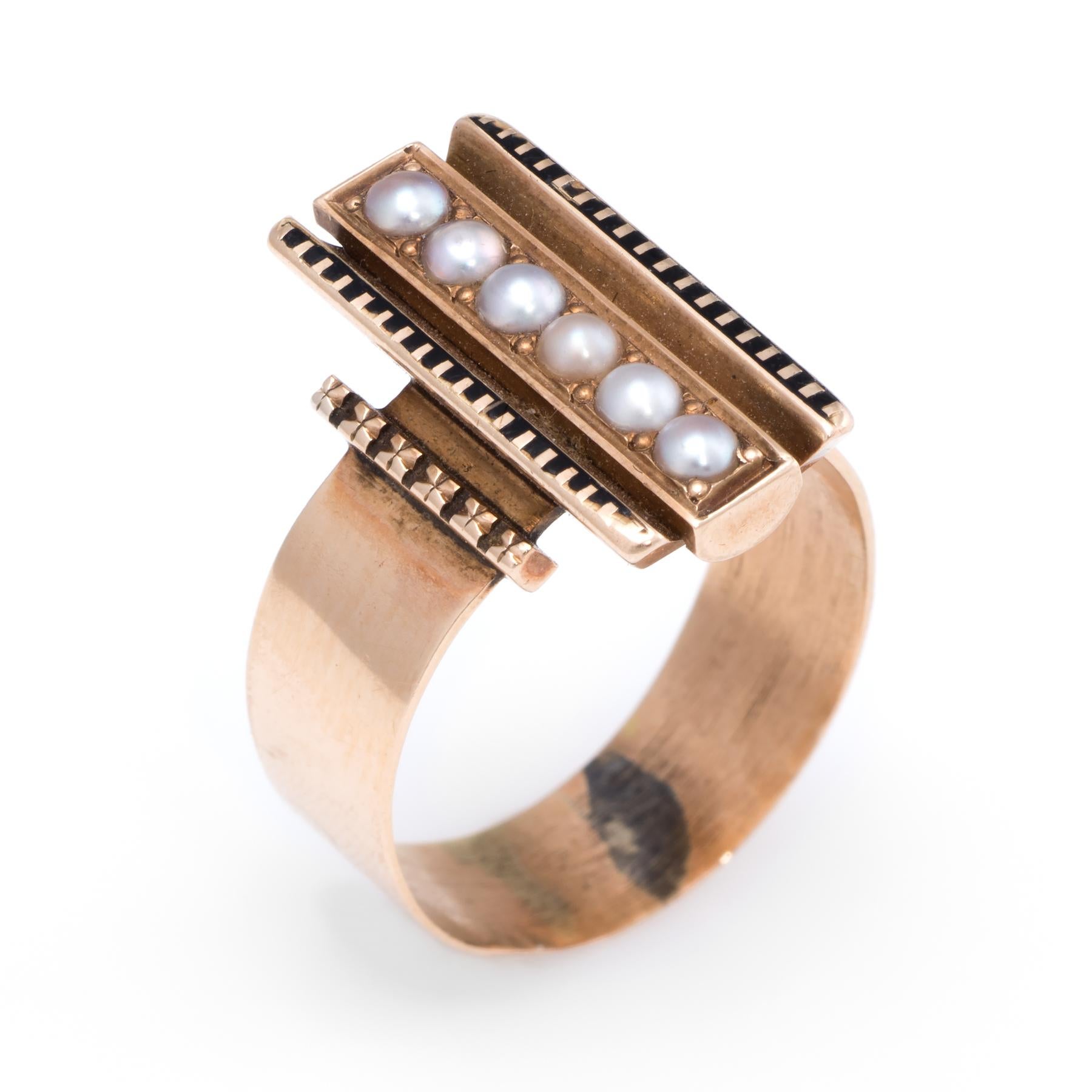 Elegant antique Victorian ring (circa 1880s to 1900s), crafted in 14 karat rose gold. 

Six seed pearls measure 3mm each. The pearls are in excellent condition and free of cracks or chips. The mount is accented with black enamel (slight loss to the