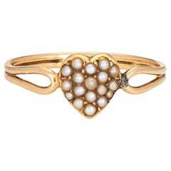 Bague victorienne ancienne en or jaune 18k avec cœur en perles de rocaille Bijoux Vintage