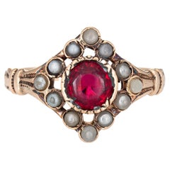 Anello antico vittoriano con perle di seme in pasta rossa, oro rosa 10k, gioielli d'epoca