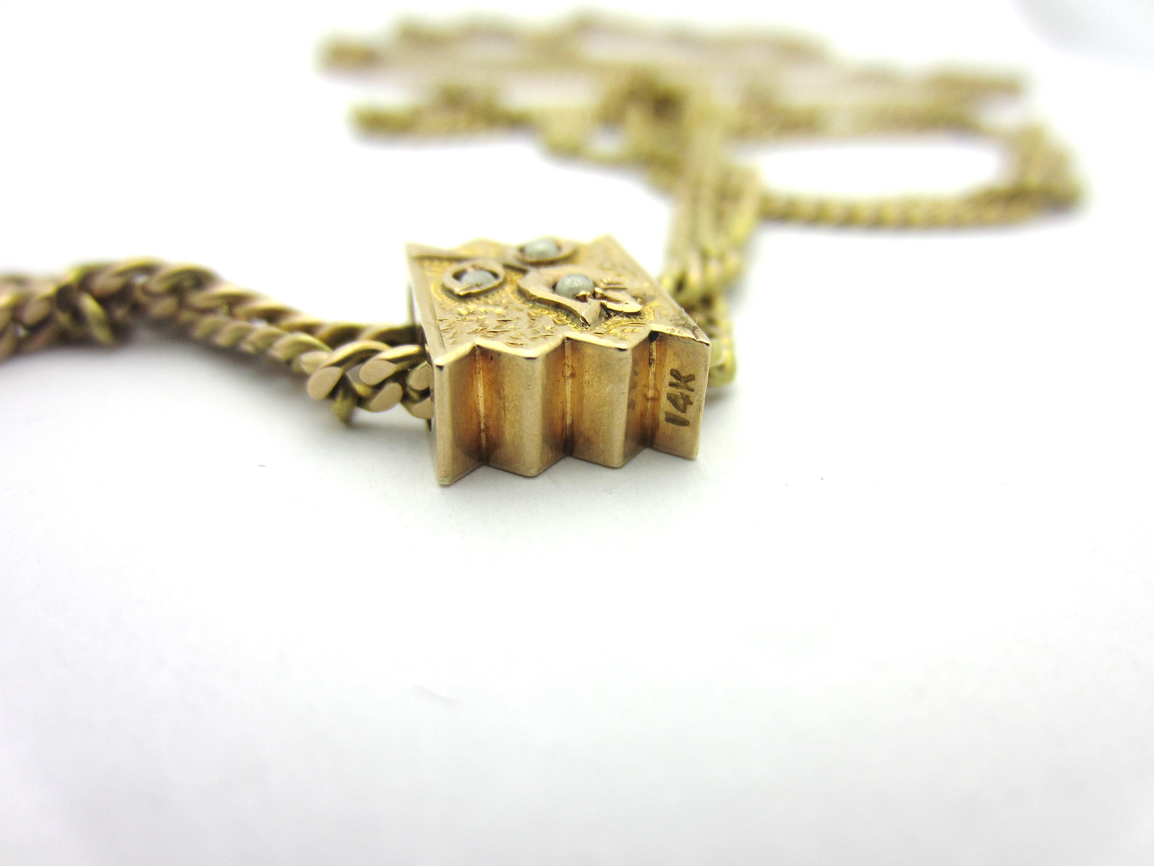 Antique Victorian Seed Pearl Slide Longchain Pockwatch Necklace 14 Karat Gold 2