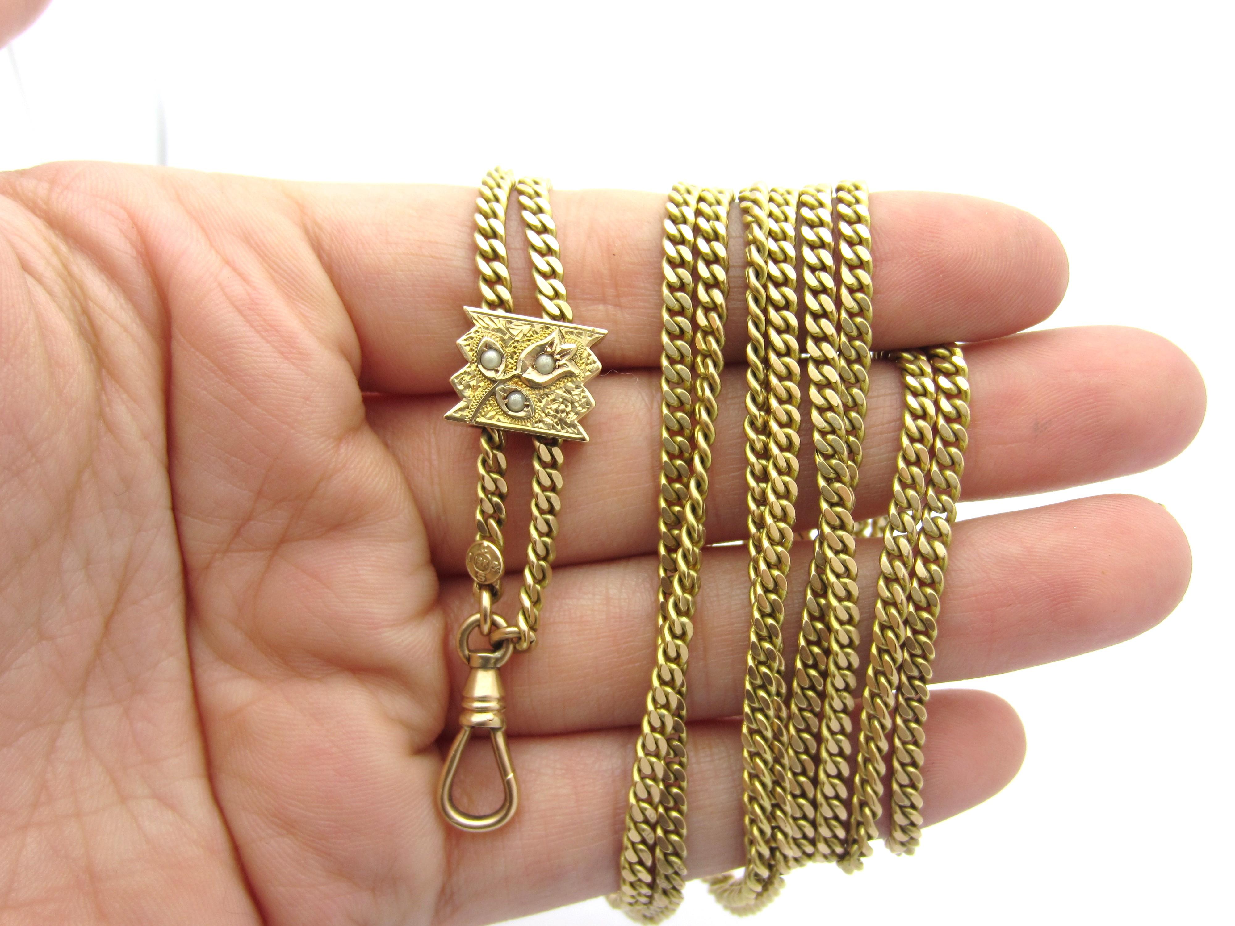 Antique Victorian Seed Pearl Slide Longchain Pockwatch Necklace 14 Karat Gold 3