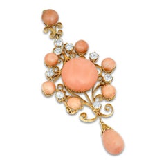 Antique Victorian SEIFERT Coral and Diamond Gold Drop Pendant and Earrings Suite