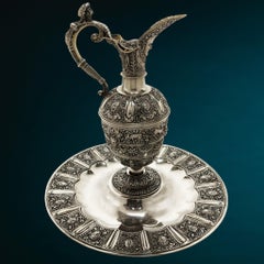 Antique Victorian Serling Silver Cellini Jug on Stand Ewer on Plate London 1864