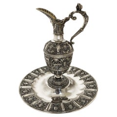 Antique Victorian Serling Silver Cellini Jug on Stand Ewer on Plate London 1864