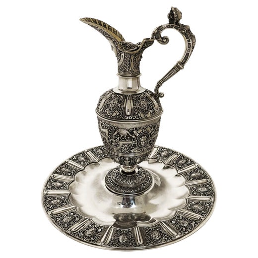 Antique Victorian Serling Silver Cellini Jug on Stand Ewer on Plate London 1864