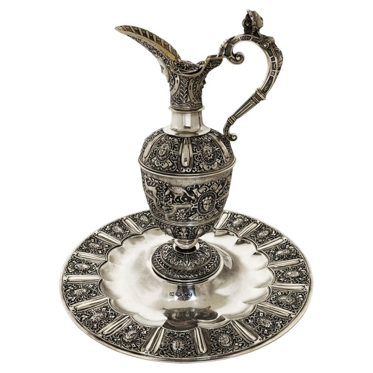 Antique Victorian Serling Silver Cellini Jug on Stand Ewer on Plate London 1864