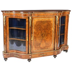 Antique Victorian Serpentine Burr Walnut Marquetry Credenza, 19th C