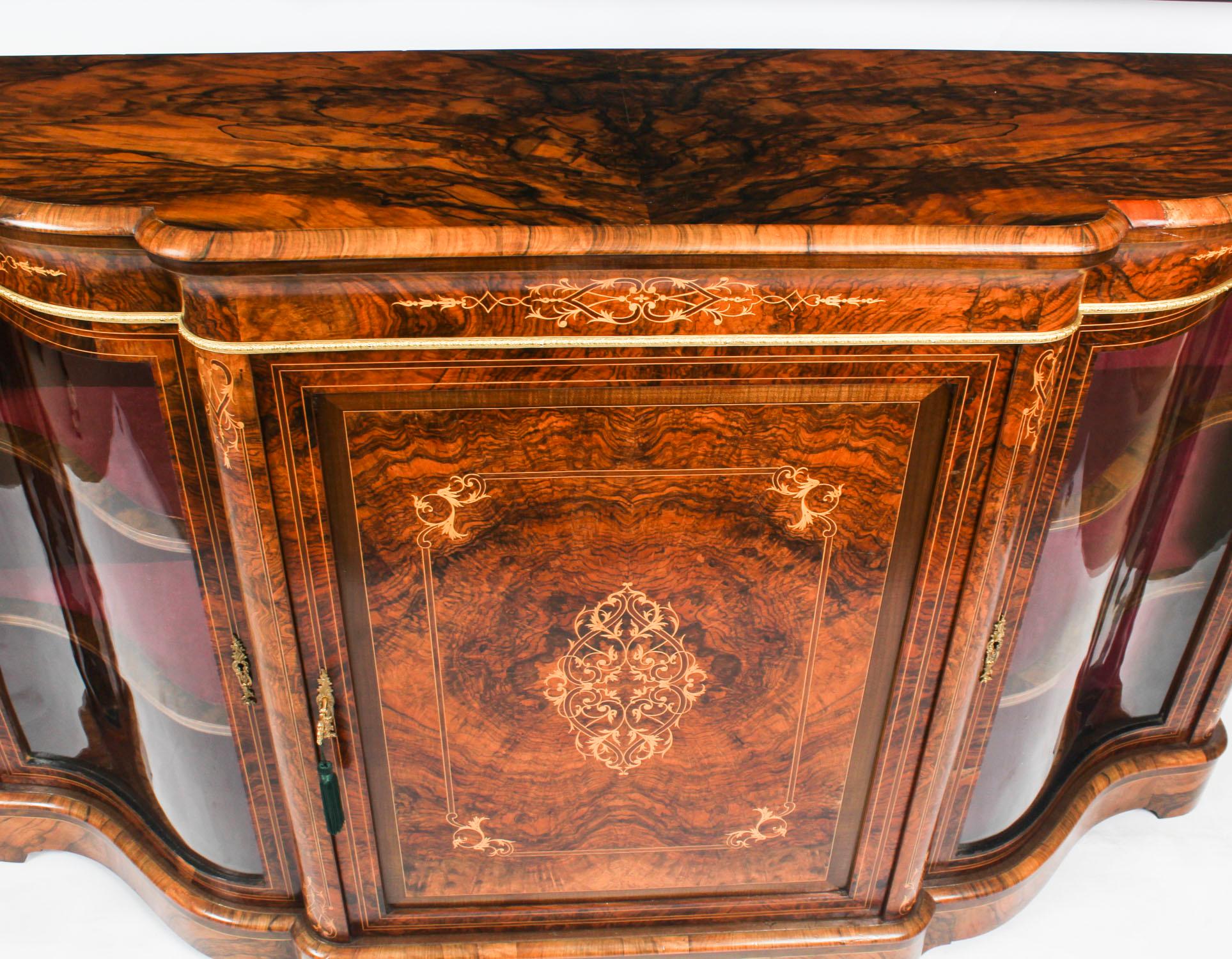 Marquetry Antique Victorian Serpentine Inlaid Burr Walnut Credenza Side Cabinet
