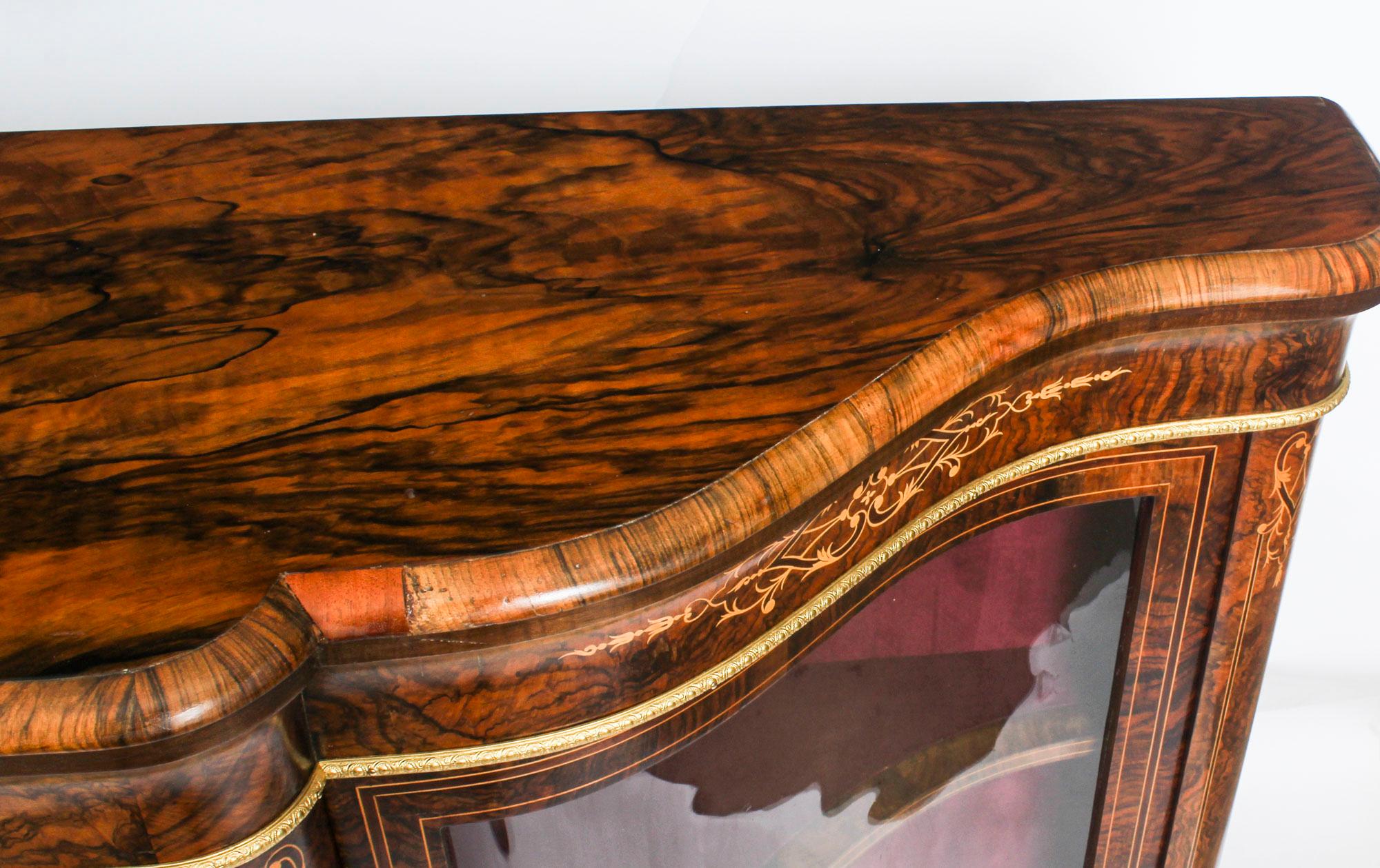 Mid-19th Century Antique Victorian Serpentine Inlaid Burr Walnut Credenza Side Cabinet