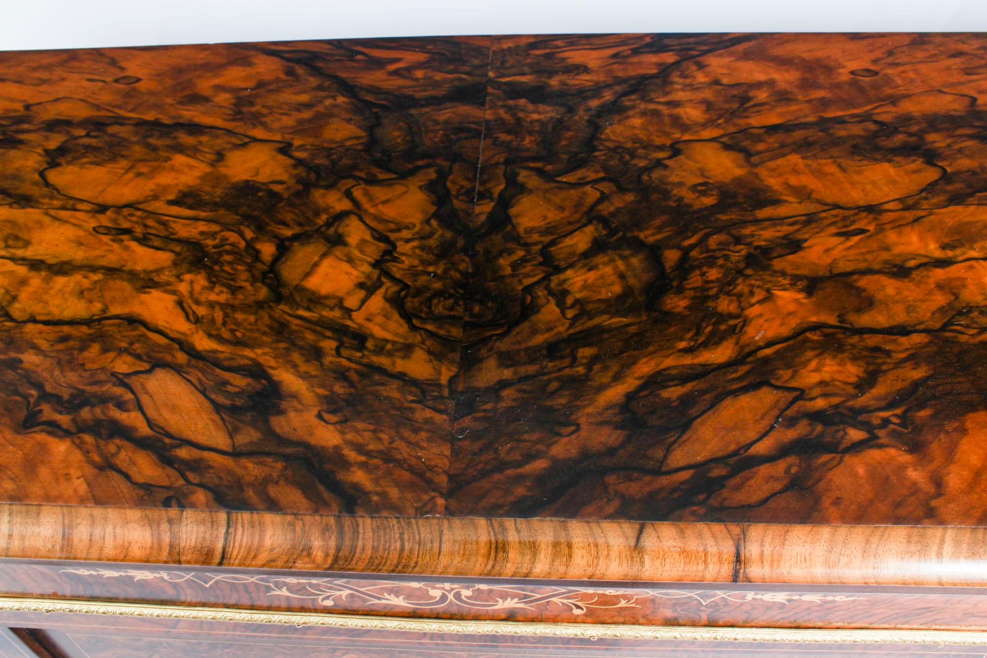 Velvet Antique Victorian Serpentine Inlaid Burr Walnut Credenza Side Cabinet