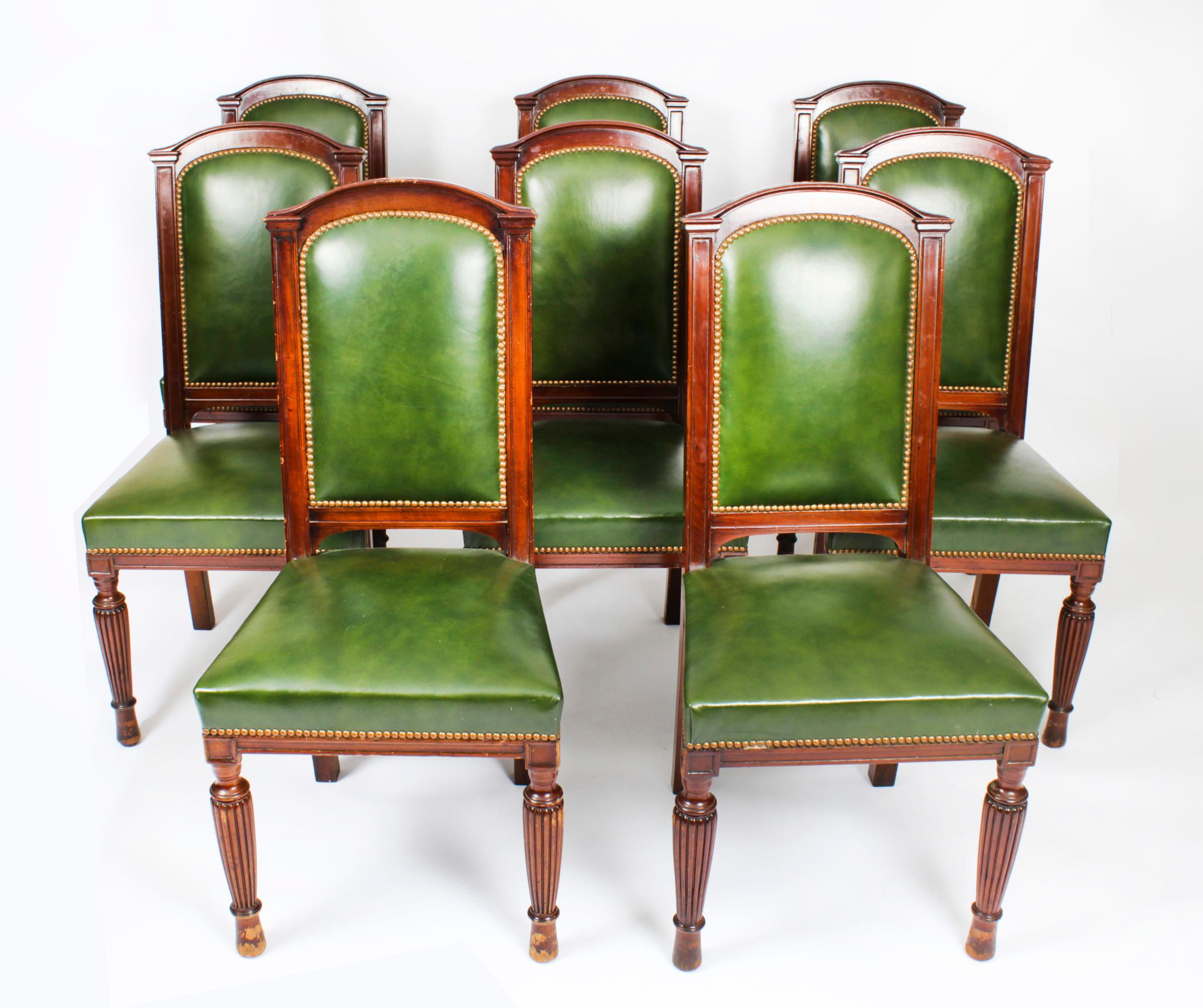 Antique Victorian Set 8 Leather Upholstered Back Dining Chairs 19th C 8