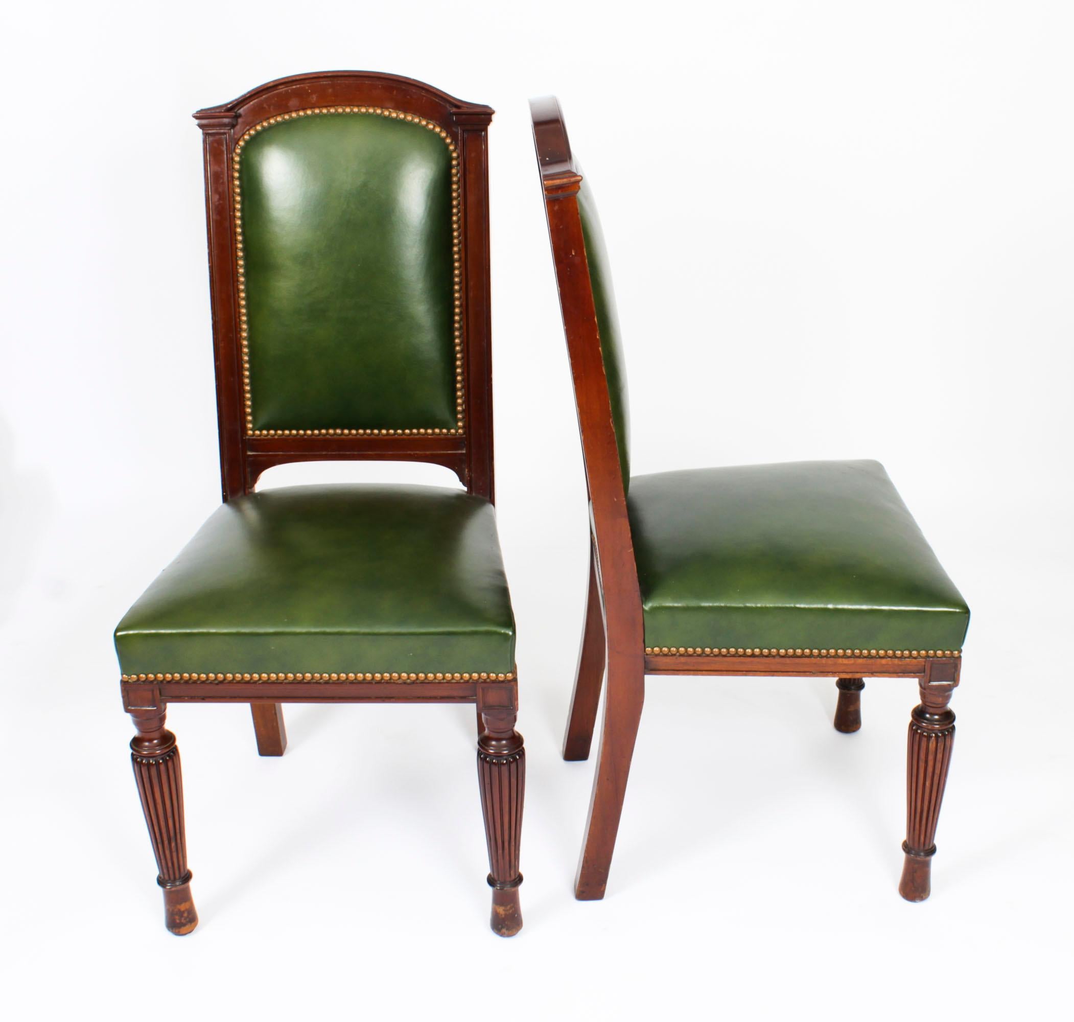 This is a fabulous set of eight antique English leather upholstered back dining chairs, Circa 1880 in date.
  
 he set comprises eight chairs masterfully crafted in beautiful solid mahogany. They each have elegant upholstered back rest and seats in