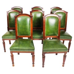 Antique Victorian Set 8 Leather Upholstered Back Dining Chairs 19th C