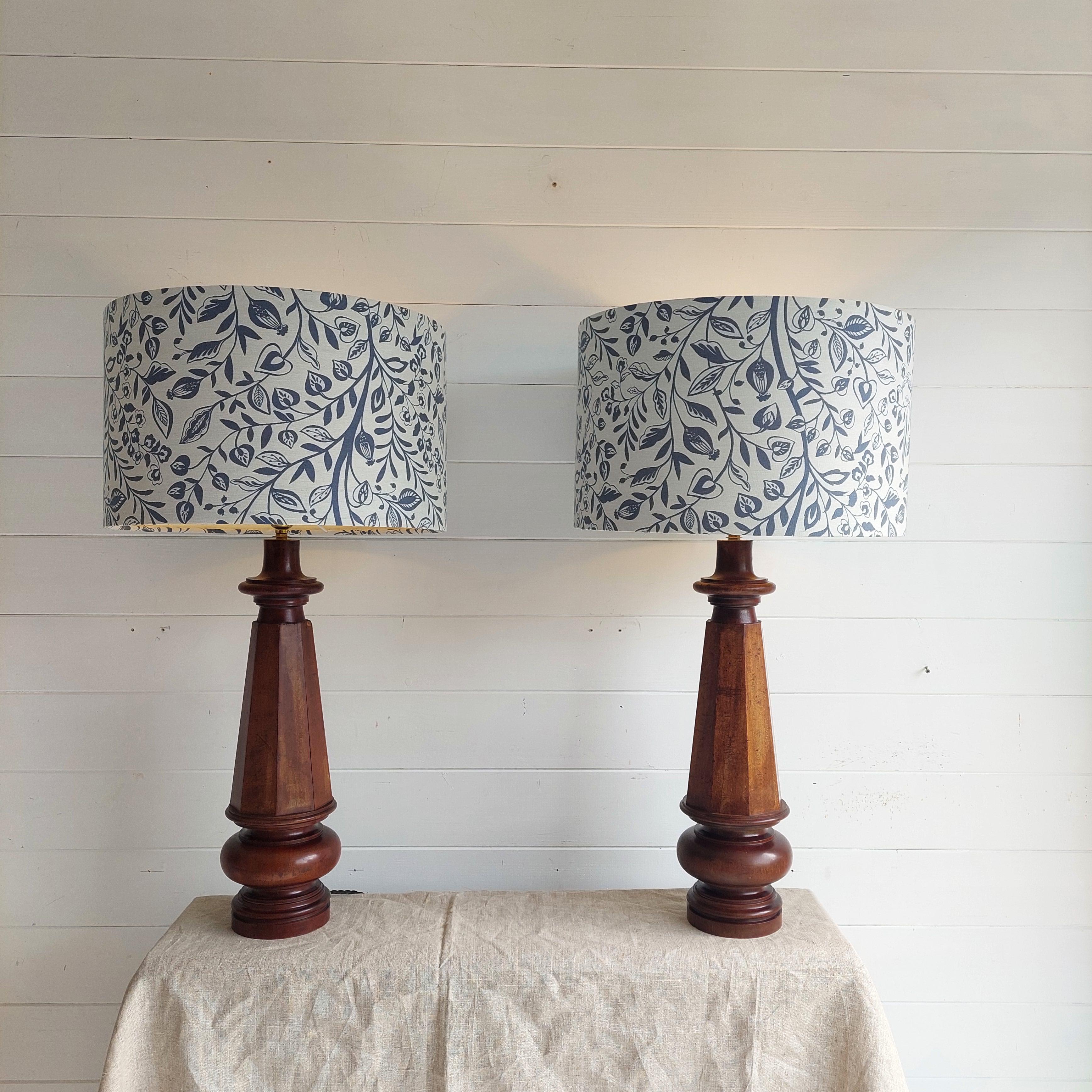 Set of 2 large walnut table lamps with blue botanical lampshades
Elegant walnut Victorian grand piano leg re-purposed in to a table lamps.

Probably from an Austrian Vienna produced grand steel mallard piano circa 1850's.
Repurposed into table lamps