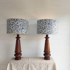 Antique Victorian Set Of 2 Walnut Table Lamp, Turned Lamp With Shades, 1800s
