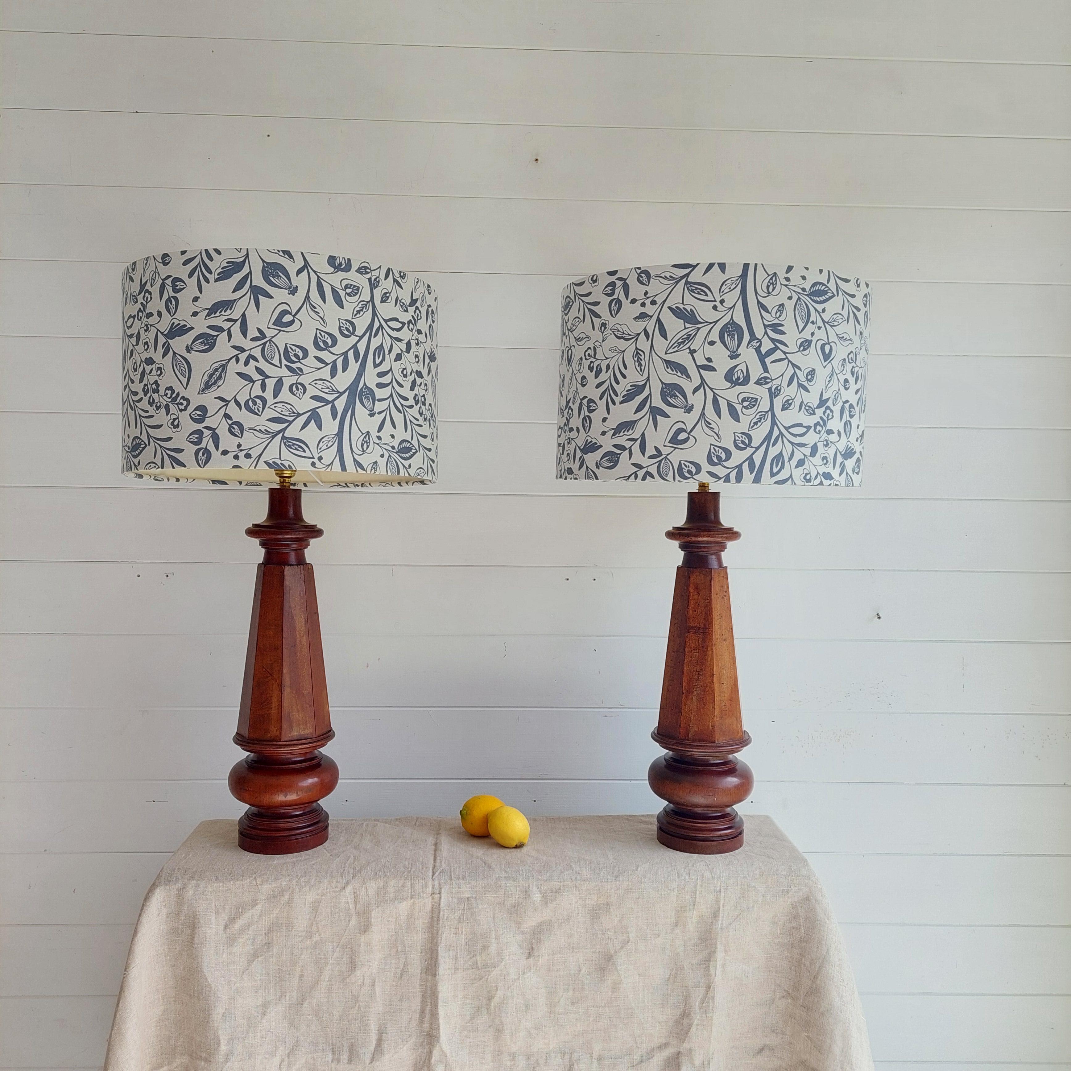 British Antique Victorian Set Of 2 Walnut Table Lamp, Turned Lamp With Shades, 1800s