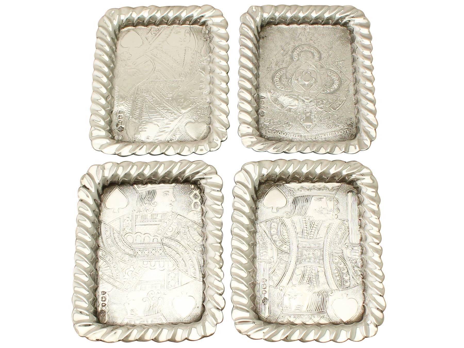 An exceptional, fine and impressive set of four antique Victorian English sterling silver playing card trays; an addition to our range of collectible silverware

These exceptional antique Victorian sterling silver playing card trays have a