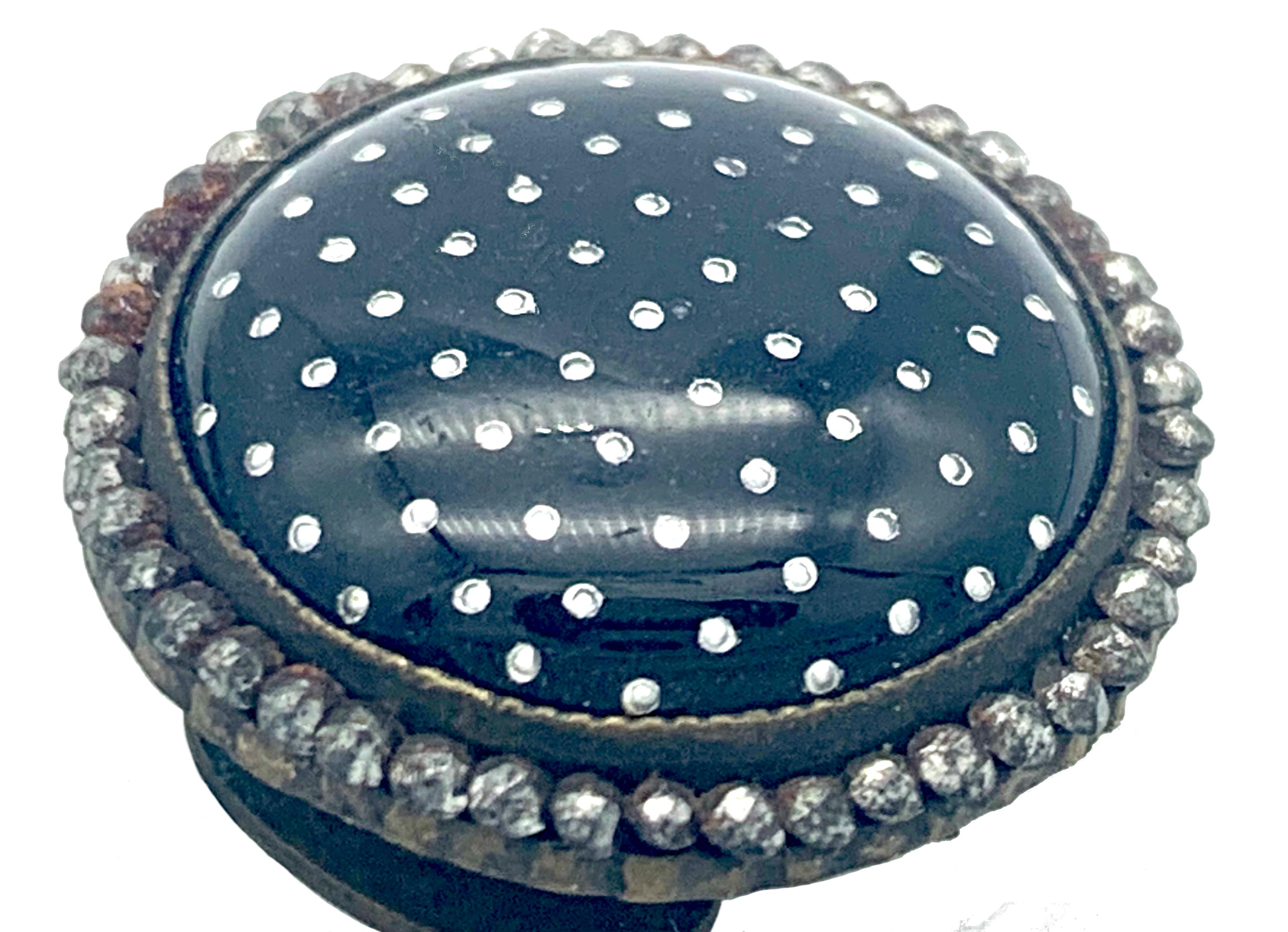 Women's or Men's Antique Victorian Set of Three Buttons Cut Steel Black Brass white Polka-Dots For Sale