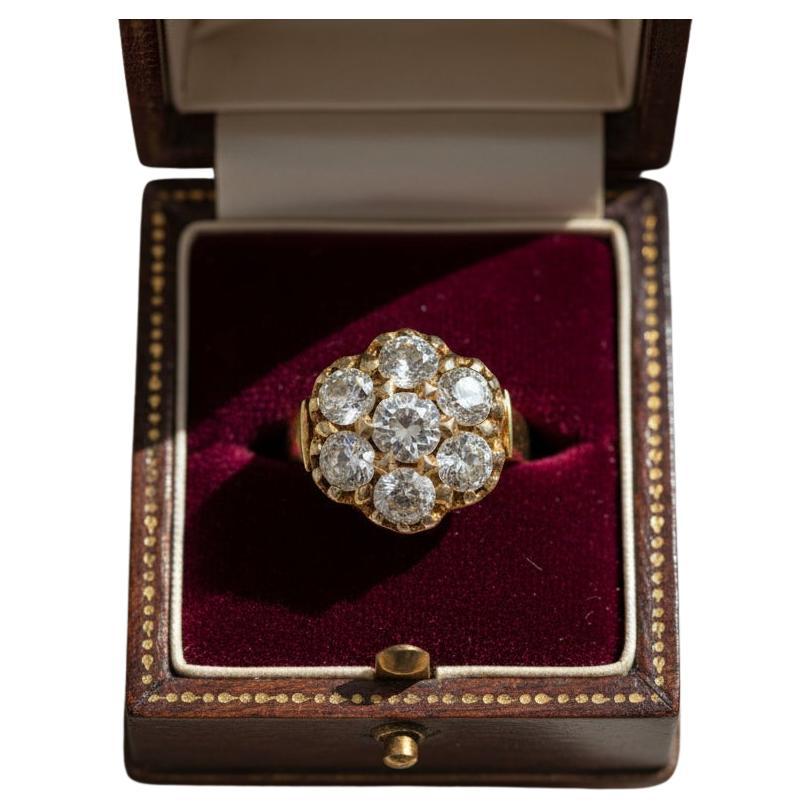 Antique Victorian Seven Diamond and 14K Yellow Gold Flower Ring