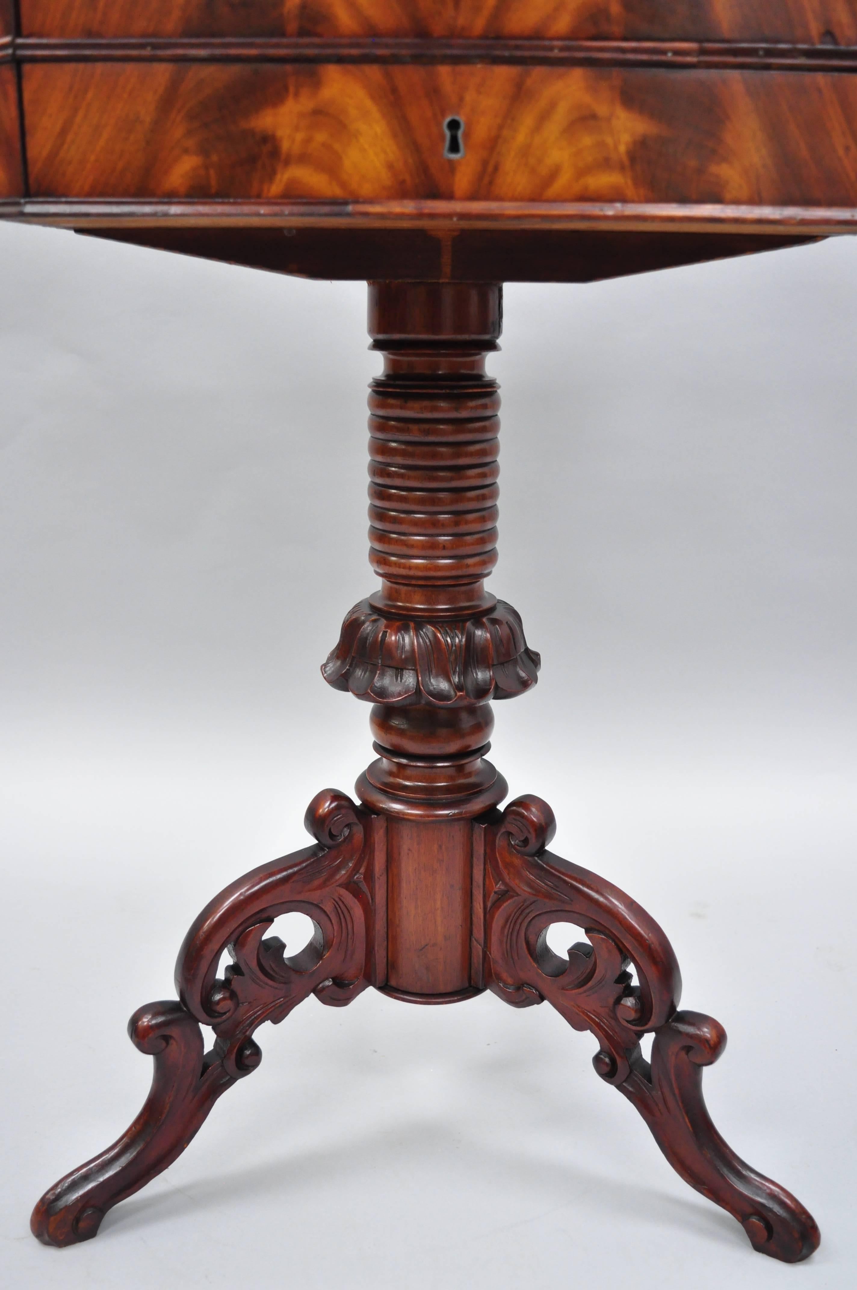19th Century Antique Victorian Sewing Stand Side Table Crotch Mahogany and Walnut Flip Top