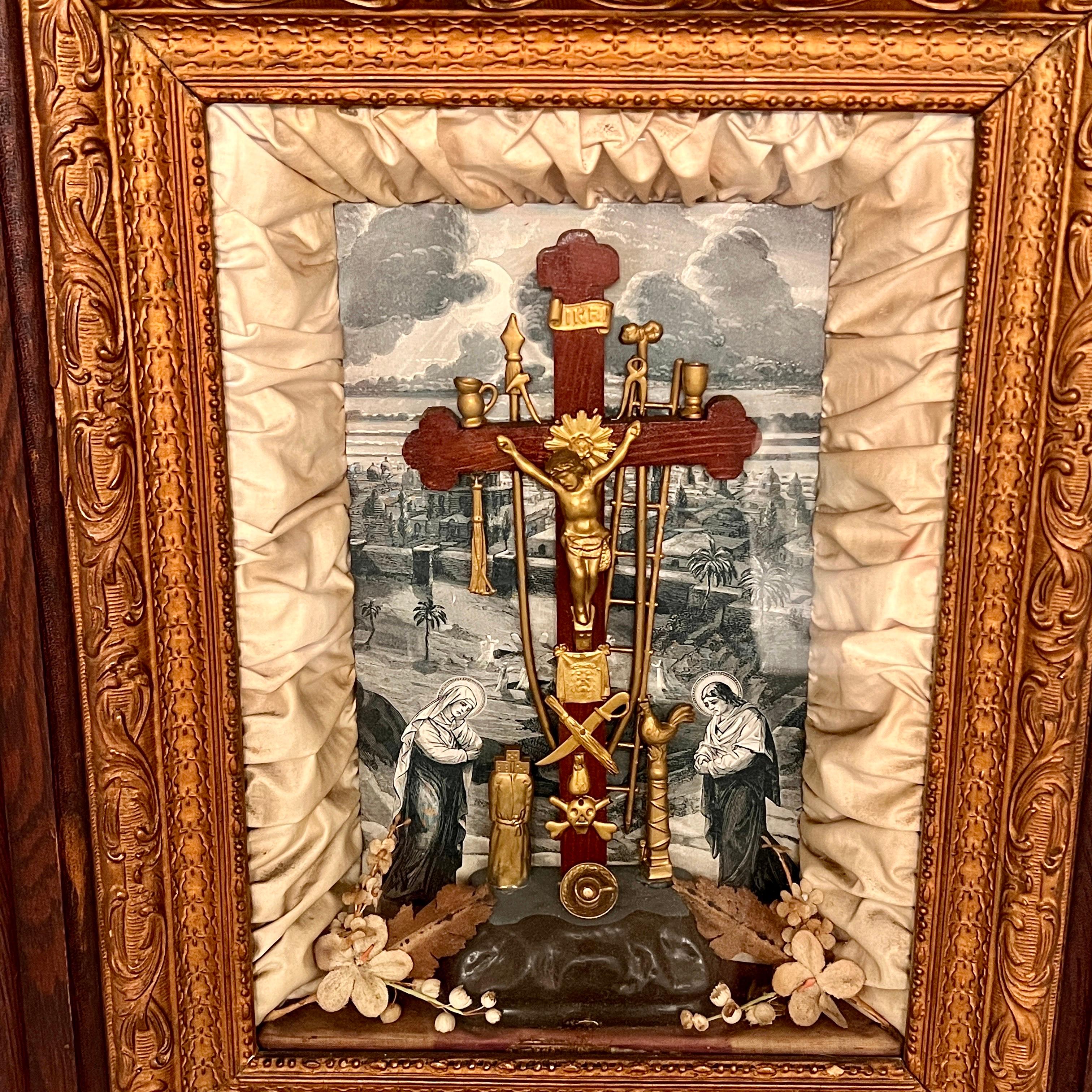 Silk Antique Victorian Shadowbox with Religious Crucifix Scene, c. 1850's For Sale