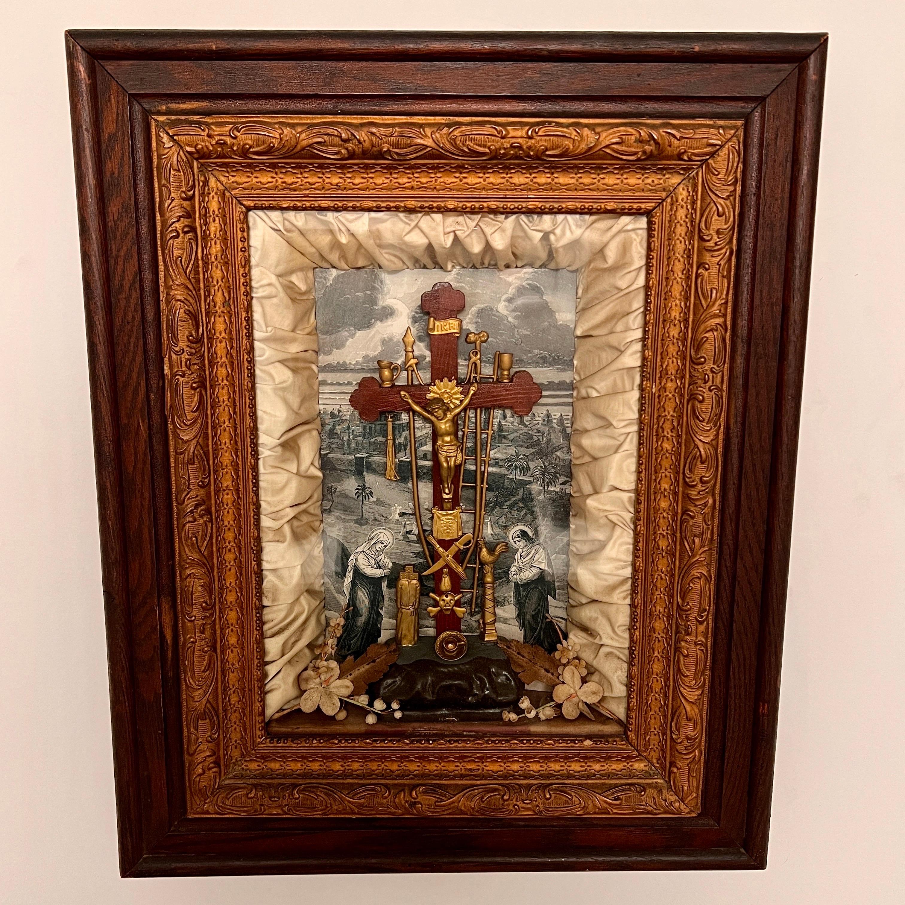 Antique Victorian Shadowbox with Religious Crucifix Scene, c. 1850's For Sale 1