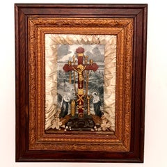 Antique Victorian Shadowbox with Religious Crucifix Scene, c. 1850's