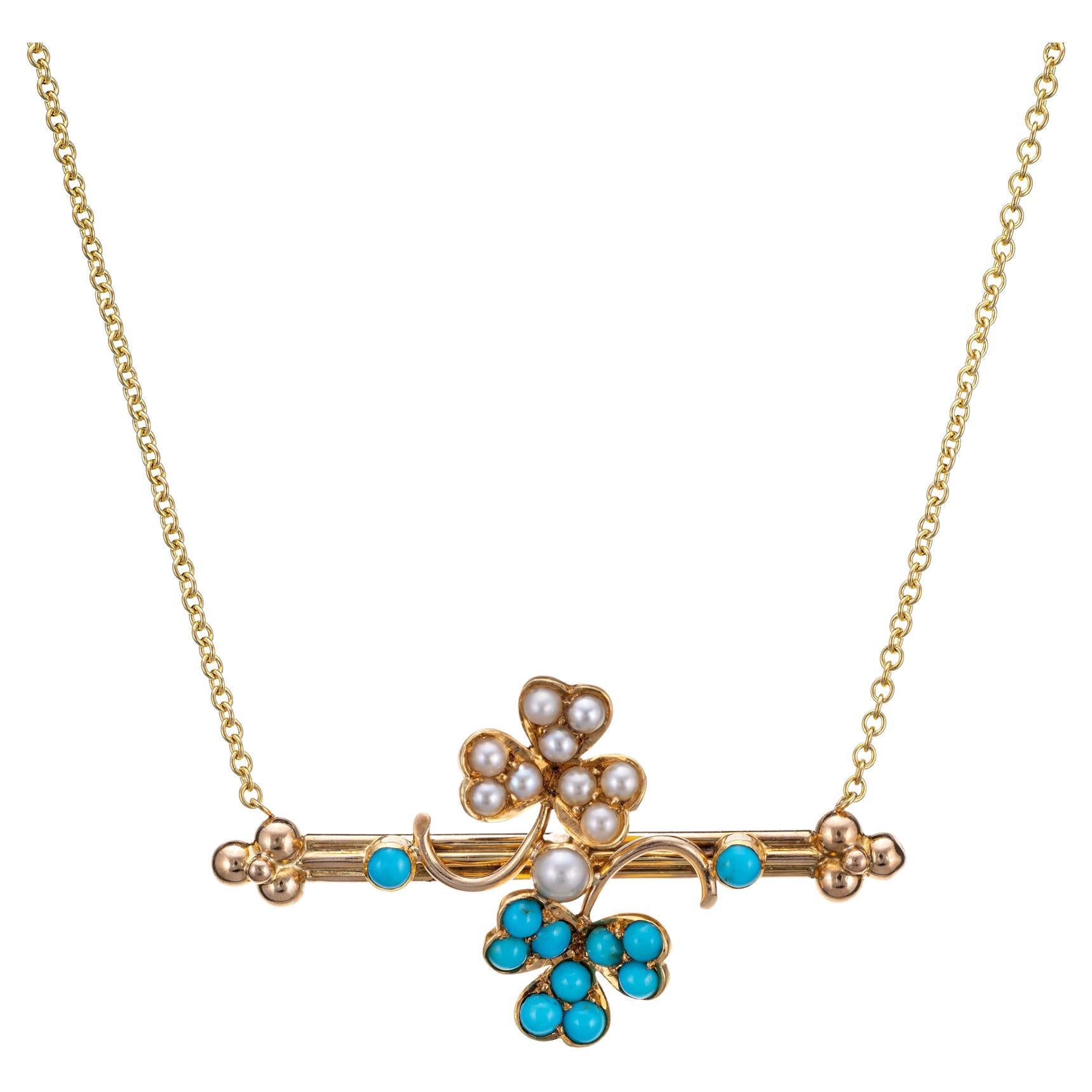 Antique Victorian Shamrock Necklace Conversion Turquoise Pearl 14k Yellow Gold For Sale