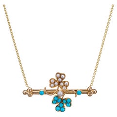 Antique Victorian Shamrock Necklace Conversion Turquoise Pearl 14k Yellow Gold