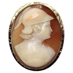 Antique Victorian Shell Cameo Athena Gold Brooch Pendant, Circa 1860-1880