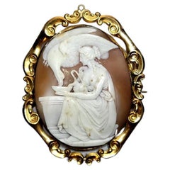 Antique Victorian Shell Cameo Brooch Hebe Feeding the Eagle of Zeus