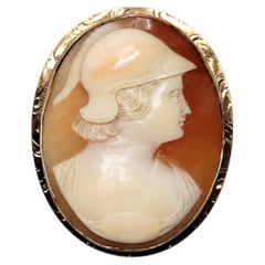 Antique Victorian Shell Cameo Brooch Pendant, Helmeted Classical Figure, 10K