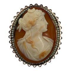 Antique Victorian Shell Cameo Brooch with Seed Pearl Frame, circa 1880